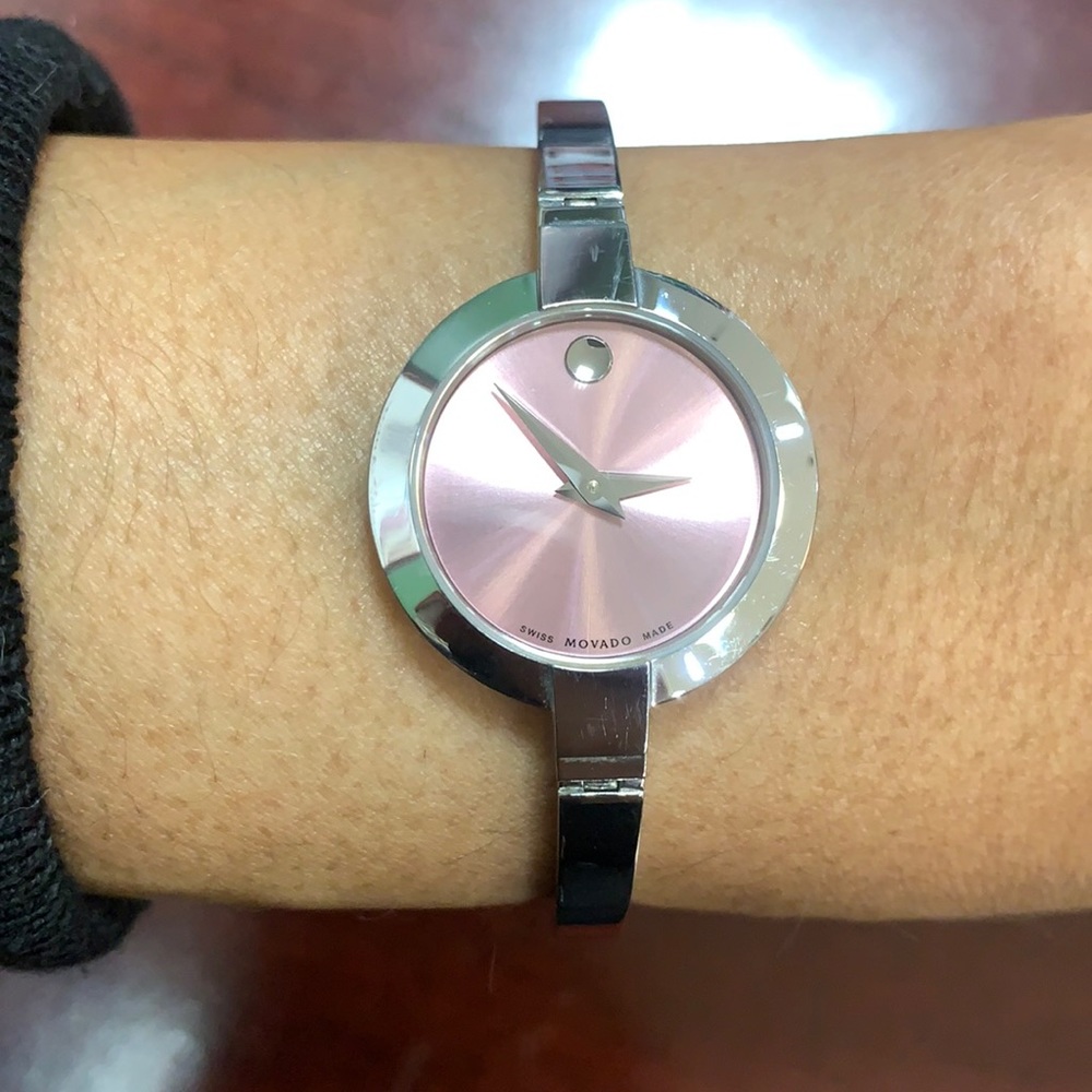 Movado Pink Dial Stainless Steel Bangle Watch